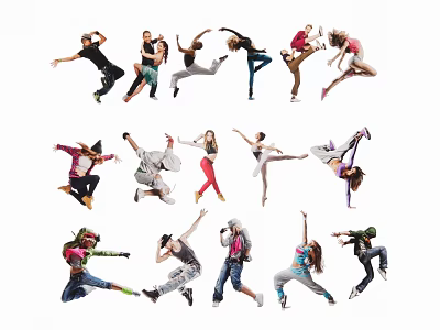 Group of people dancing in various dynamic poses against white background 3d model