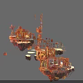 Futuristic Scifi Floating Mechanical Buildings With Gears Pipes Wooden Metal Elements Multi Layered Platforms Decorations