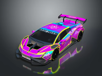 Neon Colored Racing Car With Vibrant Pink Purple Design And Aerodynamic Spoiler 3d model
