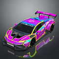 Neon Colored Racing Car With Vibrant Pink Purple Design And Aerodynamic Spoiler