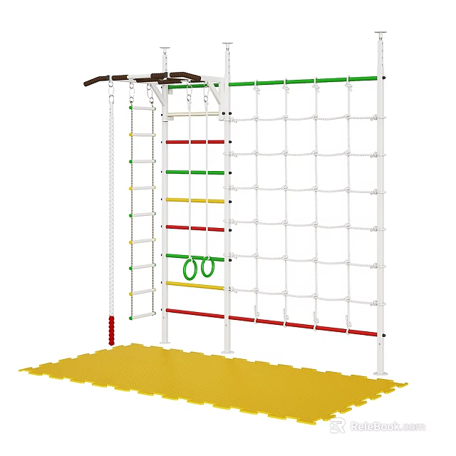 Outdoor Sports Equipment With Climbing Net Horizontal Bars Rings And Yellow Mat 3d model 