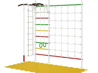Outdoor Sports Equipment With Climbing Net Horizontal Bars Rings And Yellow Mat 3d model