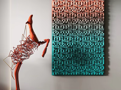 Modern Red Metal Sculpture And Gradient Square Painting For Interior Decor 3d model