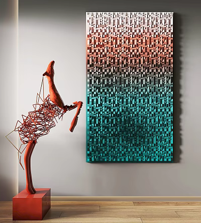 Modern Red Metal Sculpture And Gradient Square Painting For Interior Decor 3d model