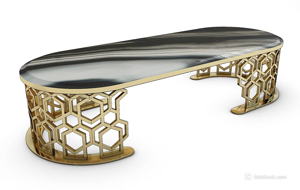 Elegant Modern Coffee Table With Golden Hexagonal Frame And Smooth Black Marble Tabletop 3d model 