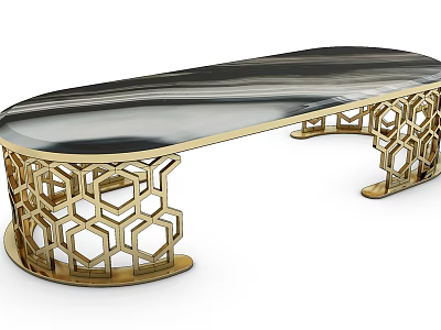 Elegant Modern Coffee Table With Golden Hexagonal Frame And Smooth Black Marble Tabletop 3d model