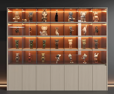 Modern Display Cabinet with Various Figurines Neatly Arranged on Layered Shelves and Warm Lighting 3d model