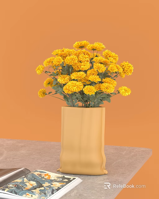 Yellow Chrysanthemums Arranged in Yellow Ceramic Vase on Table with Orange Background 3d model