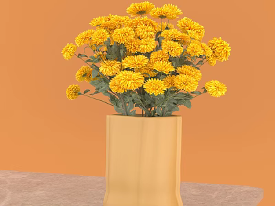 Yellow Chrysanthemums Arranged in Yellow Ceramic Vase on Table with Orange Background 3d model