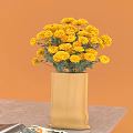 Yellow Chrysanthemums Arranged in Yellow Ceramic Vase on Table with Orange Background 3d model
