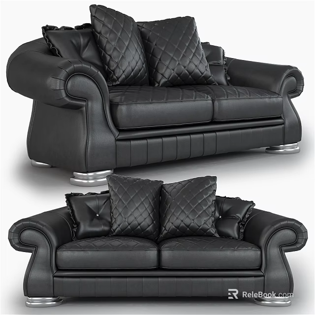 Elegant Black Leather Two Seater Sofa With Quilted Cushions And Metal Legs 3d model 