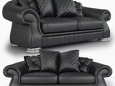 Elegant Black Leather Two Seater Sofa With Quilted Cushions And Metal Legs 3d model