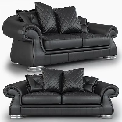 Elegant Black Leather Two Seater Sofa With Quilted Cushions And Metal Legs 3d model