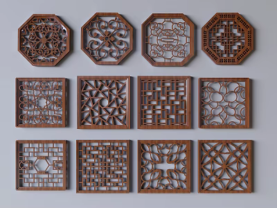Traditional Wooden Carved Lattice Windows With Octagonal And Square Intricate Designs 3d model
