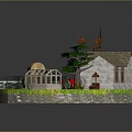 Cartoon Farm Scene With Windmill Cottage Hay Bales Tree Greenhouse Stone Path And White Fence