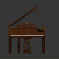 Classic Brown Wooden Piano With Ornate Carved Design Open Lid And Sheet Music