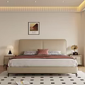 Modern Bedroom Interior With Beige Upholstered Headboard Bedding Nightstands Lamp Wall Art And Geometric Rug