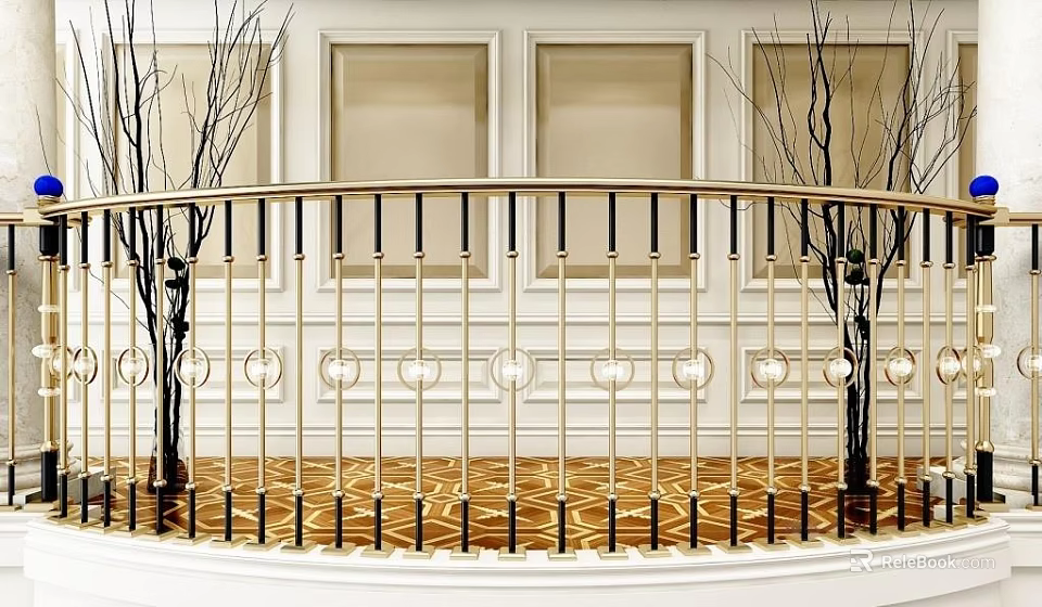 Ornamental Interior Fence With Golden Railings Circular Patterns And Branch Decor 3d model 