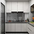 Modern Kitchen With White Cabinets Black Countertop Tile Backsplash And Utensils 3d model