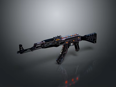 Futuristic Black Rifle With Orange Blue Accents Glowing Elements Textured Body Gray Background Reflection 3d model