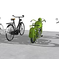 Red Green Black Vintage Bicycles Parked On Concrete Floor With Classic Design