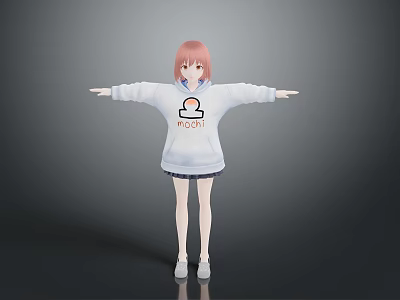 Woman with pink hair in white hoodie with KUROI logo arms outstretched against gray background 3d model