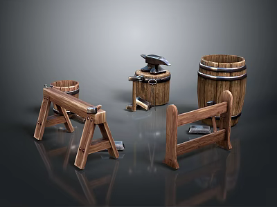 Rustic Wooden Household Supplies With Barrels Anvil And Trestles For Daily Use 3d model