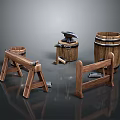 Rustic Wooden Household Supplies With Barrels Anvil And Trestles For Daily Use