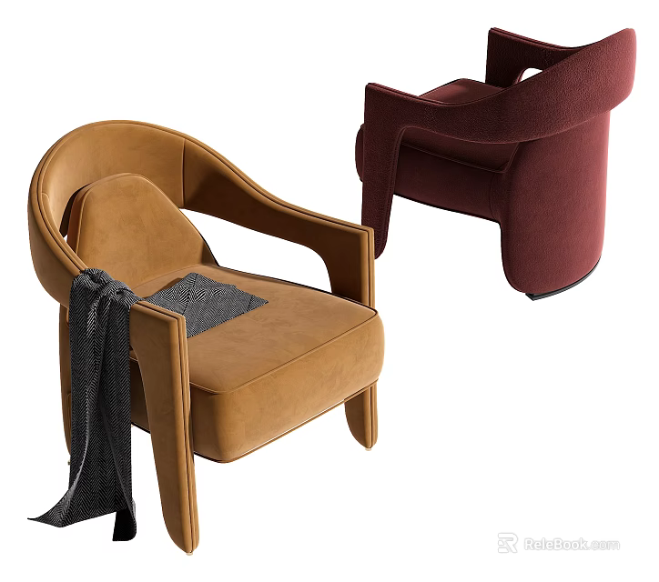 Comfortable Brown Burgundy Velvet Leisure Chairs With Armrests And Gray Blanket 3d model 