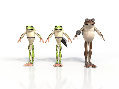 Three Animated Cartoon Frogs With Different Colors And Standing Poses 3d model