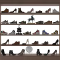 Different Styles of Shoes Displayed on Multi Layer Wooden Shelf with Decorative Items