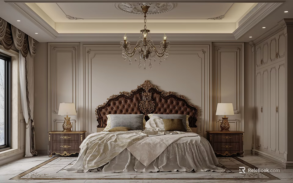 Classic Luxurious Bedroom With Ornate Headboard Crystal Chandelier Nightstands Table Lamps And Throw Blanket 3d model 