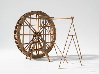Traditional Wooden Water Wheel Agricultural Equipment With Spokes And Tripod Stand 3d model