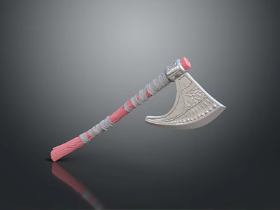 Decorative Axe With Pink Handle Gray Wrapped Bands And Silver Carved Head 3d model