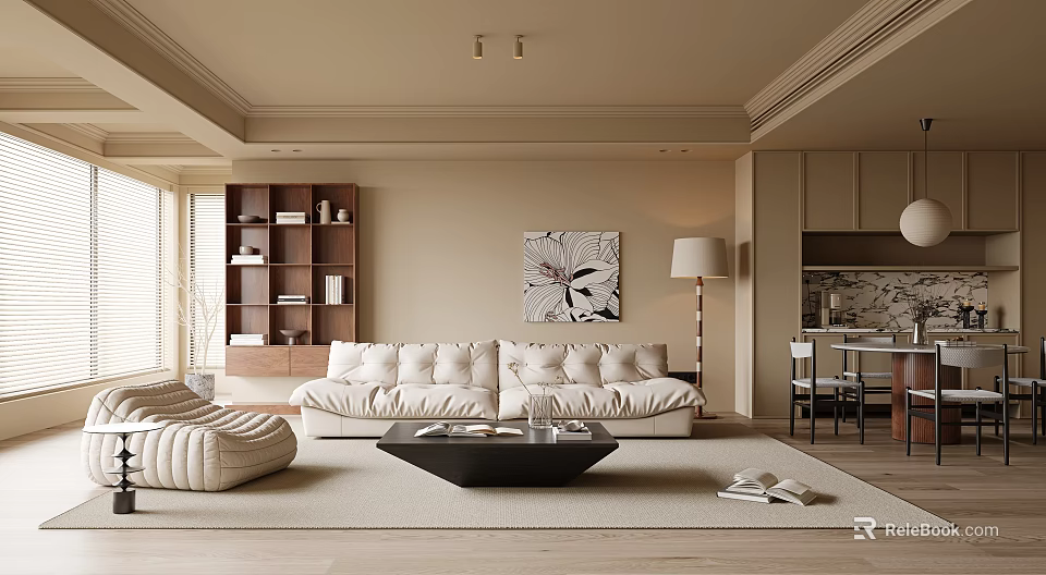 Modern Cozy Living Dining Area With Plush Sofa And Wooden Bookshelf 3d model 