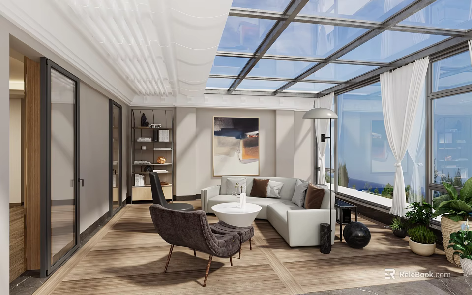 Elegant Sunshade Design For Glass Roof Interior With Modern Furniture And Plants 3d model 