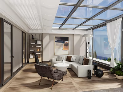 Elegant Sunshade Design For Glass Roof Interior With Modern Furniture And Plants 3d model