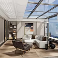 Elegant Sunshade Design For Glass Roof Interior With Modern Furniture And Plants