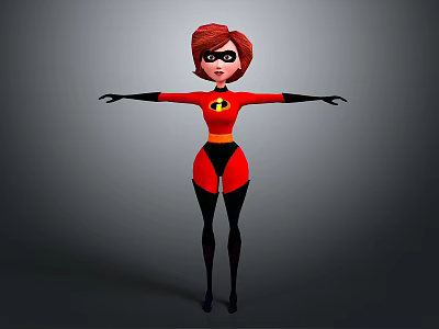 Incredibles Female Superhero Character With Red Hair Black Mask Red Bodysuit Arms Outstretched 3d model