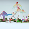 Vibrant Fantasy Mushroom Scene With Colorful Netlike Structures Small Mushrooms Green Plants Little Snowman