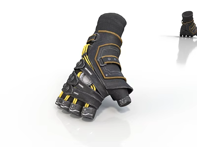 Character Mechanical Glove Design Featuring Black Yellow Straps Metal Parts And Different Angles 3d model