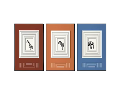 Minimalist Animal Wall Art Paintings With Giraffe Zebra Elephant In Brown Orange Blue Frames 3d model