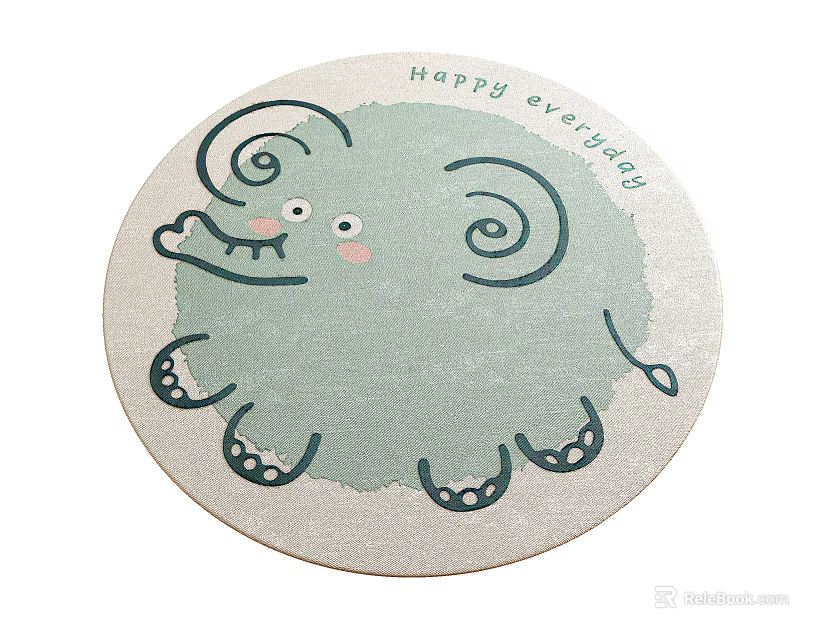 Round Rug with Light Green Elephant Pattern and Happy Everyday Text 3d model 
