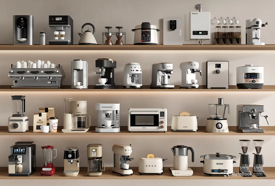 Various Types of Modern Kitchen Appliances Displayed on Shelves with Lighting 3d model 