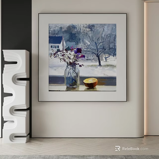 Framed Abstract Painting of Windowsill with Purple White Flowers Vase Half Lemon and Snowy Outside 3d model 