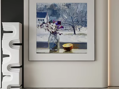 Framed Abstract Painting of Windowsill with Purple White Flowers Vase Half Lemon and Snowy Outside 3d model