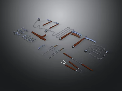 Various Medieval Weapons Including Axe Chain Hook Knife With Wooden Handles And Metal Parts 3d model