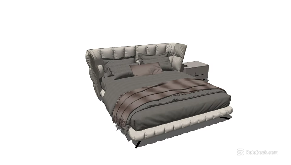 Modern Double Bed with Upholstered Headboard Gray Bedding Pillows and Striped Blanket and Side Nightstand 3d model 