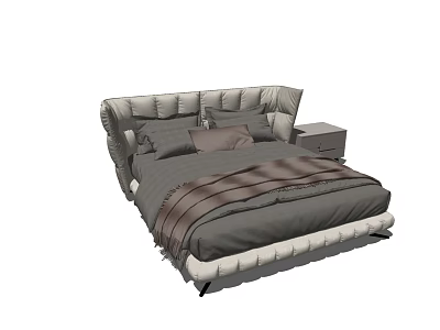 Modern Double Bed with Upholstered Headboard Gray Bedding Pillows and Striped Blanket and Side Nightstand 3d model