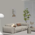 Beige Two Seater Sofa With Cushions Floor Lamp Minimalist Line Art Sunlight And Green Plant In Modern Room With Window Blinds